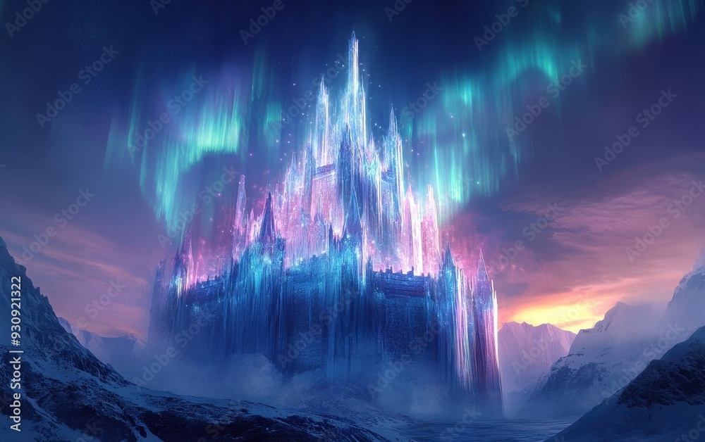 Fototapeta premium Enchanting Ice Castle Under the Northern Lights, Fantasy Landscape