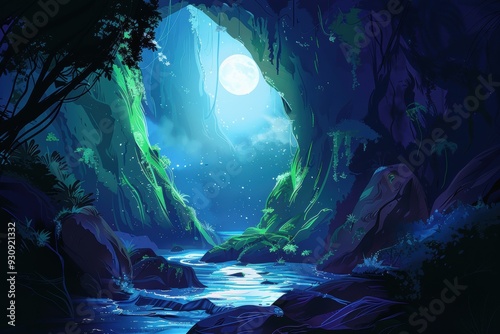 Moonlit Cave in a Lush Forest