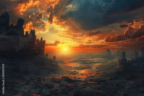 Fiery Sunset Over a Desolate Landscape