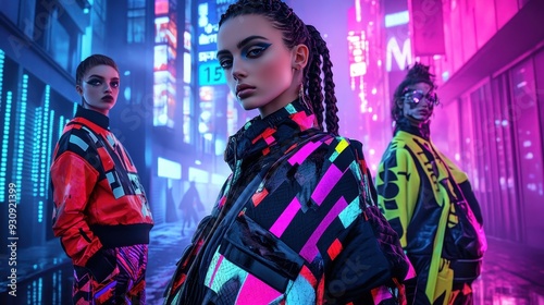 Cyberpunk Fashion Models in Neon Cityscape with Bold Makeup and Futuristic Outfits.