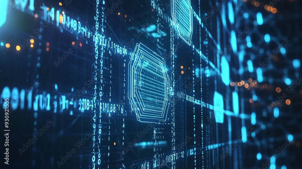 Fototapeta premium A high-tech scene where blockchain fuels innovation, automating processes and ensuring secure, transparent transactions.