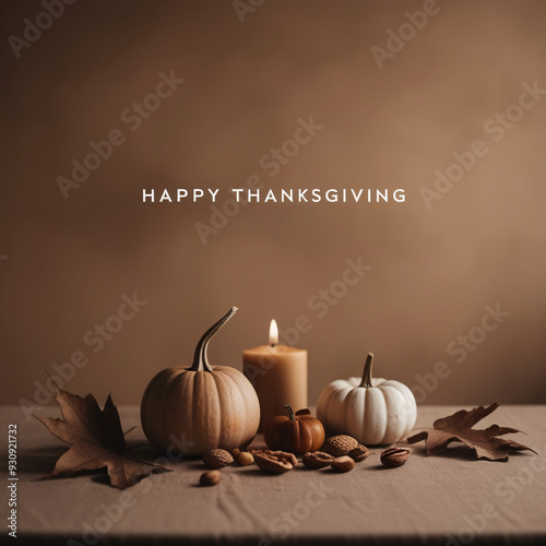 happy thanksgiving day with pumpkins candle and leaves brown background.