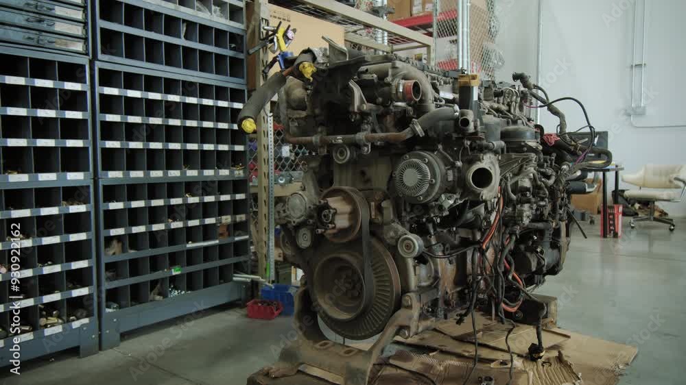 An engine from a semi truck in a repair shop. Move camera shot An engine from a semi truck in a repair shop. Move camera shot