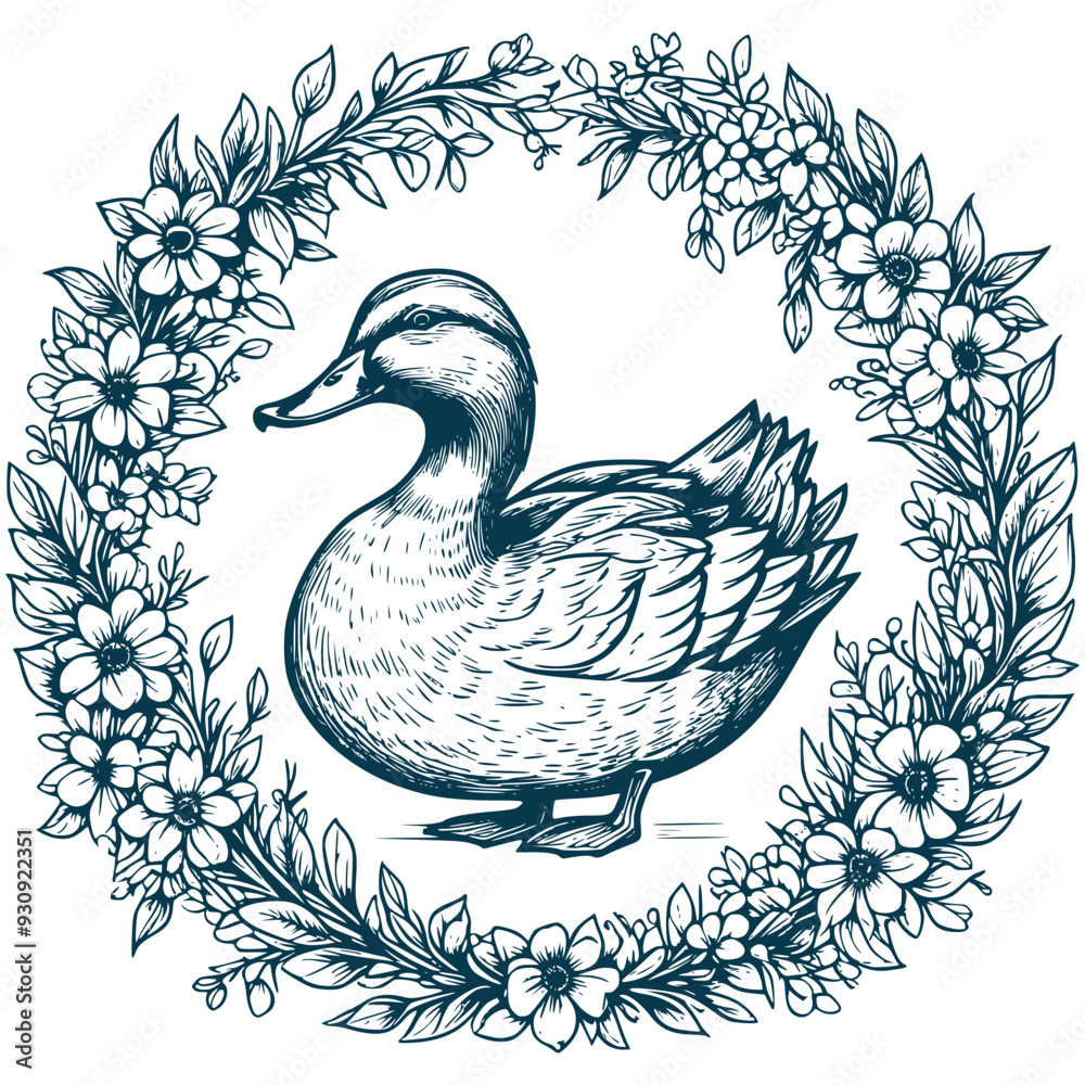 Fototapeta premium Aesthetic Floral Duck Illustration Graphic Floral Wreath Silhouette Illustration
