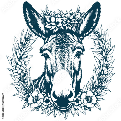 Aesthetic Floral Donkey Illustration Graphic Floral Wreath Silhouette Illustration