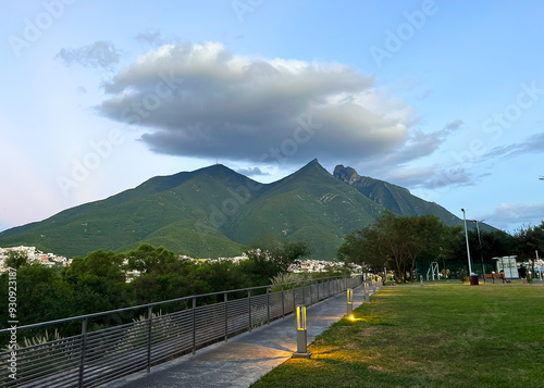 Panoramic view of Cerro de la Silla mountain in Mexico against a clear blue sky with clouds