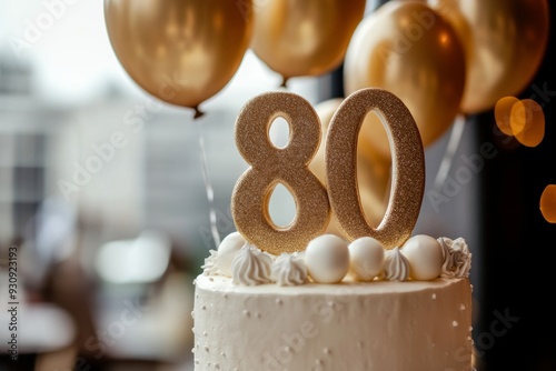 Elegant white cake with a golden 80th birthday topper and balloons at a celebration photo