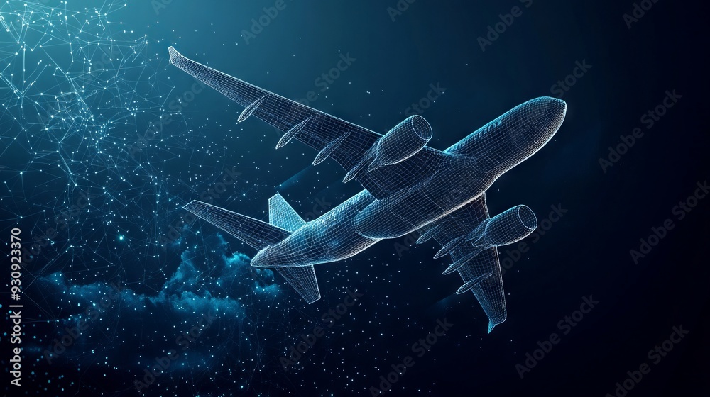 3d airplane flying over clouds. Digital vector airliner in the sky. Air travel, airline transportation concept. With dark blue background. Low poly wireframe with lines, dots and glowing particles 3d airplane flying over clouds. Digital vector airliner in the sky. Air travel, airline transportation concept. With dark blue background. Low poly wireframe with lines, dots and glowing particles
