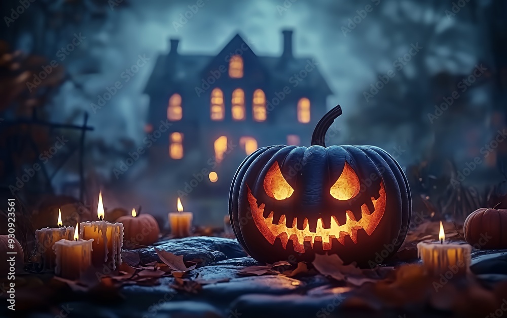 Fototapeta premium A carved jack-o-lantern with a menacing grin sits in front of a spooky, darkened house with lit windows and surrounded by candles, dry leaves, and other pumpkins in the foggy, night air.