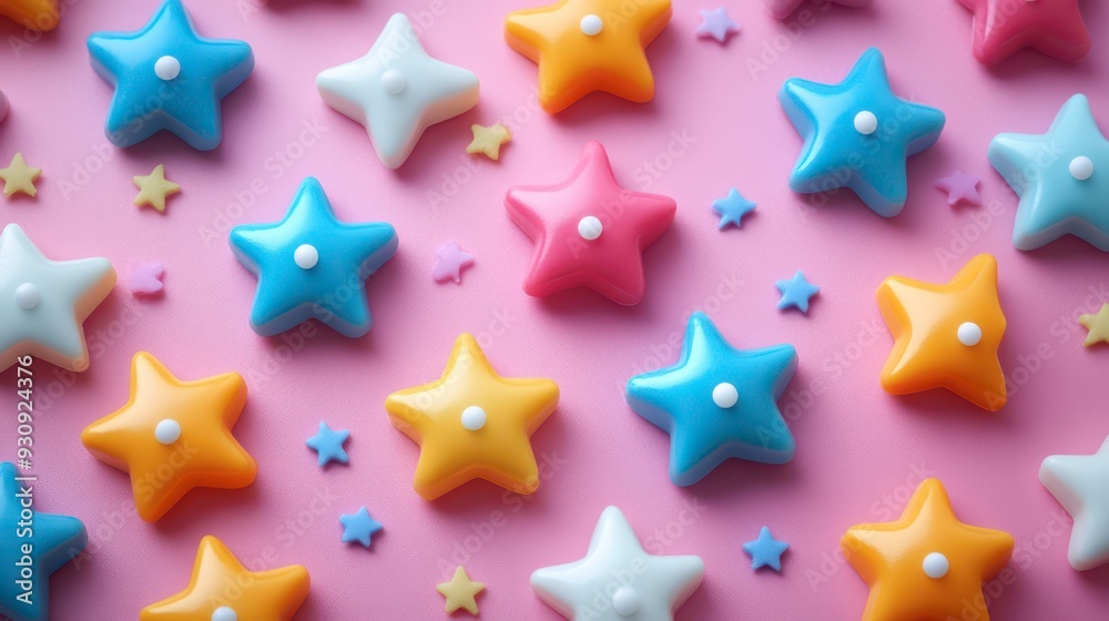 Colorful star-shaped candies arranged on a pink background Colorful star-shaped candies arranged on a pink background