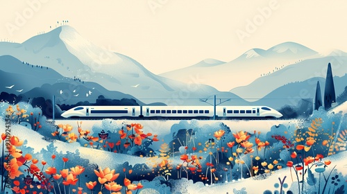 A modern high-speed train travels through a beautiful mountain landscape with wildflowers in bloom.