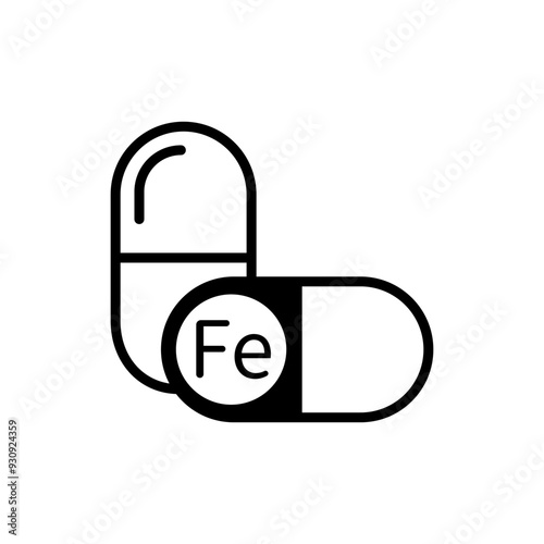Iron supplement pill icon. Black and white capsule. Minimalist vector symbol. Healthcare concept.