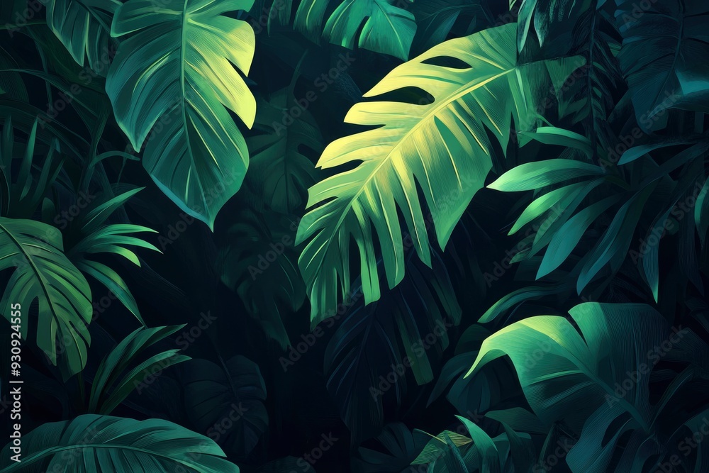 Fototapeta premium Nature leaves, green tropical forest, backgound illustration concept , ai
