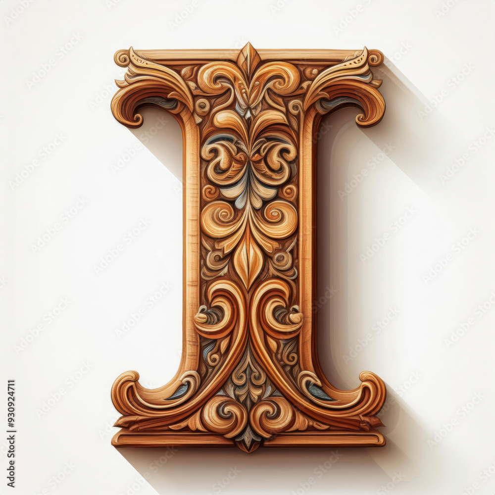 Symbol of letter I, Carved wooden texture isolated on white background Symbol of letter I, Carved wooden texture isolated on white background