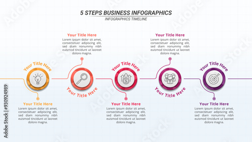 Horizontal Infographic Timeline with 5 Steps and Editable Text on a 16:9 Layout for Business Presentations, Management, and Evaluation.