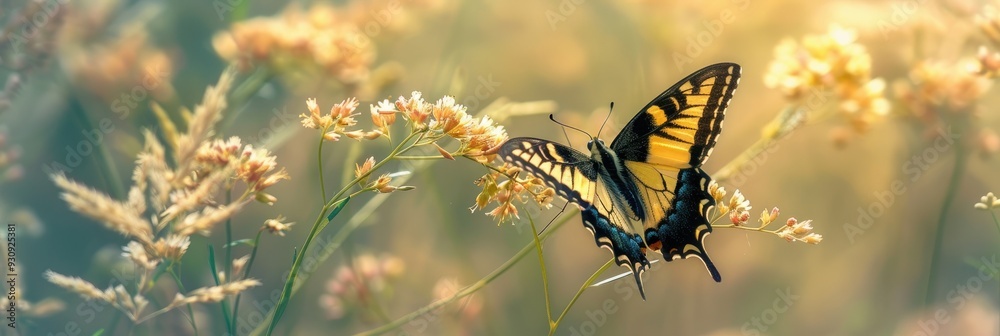 Joyful summer enjoyment with a vibrant yellow and black butterfly gracefully hovering over wildflower blooms, sipping nectar and dispersing pollen. Joyful summer enjoyment with a vibrant yellow and black butterfly gracefully hovering over wildflower blooms, sipping nectar and dispersing pollen.
