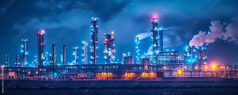 Illuminated Modern Industrial Complex at Night - Urban Architecture with Glowing Buildings in Dark Sky