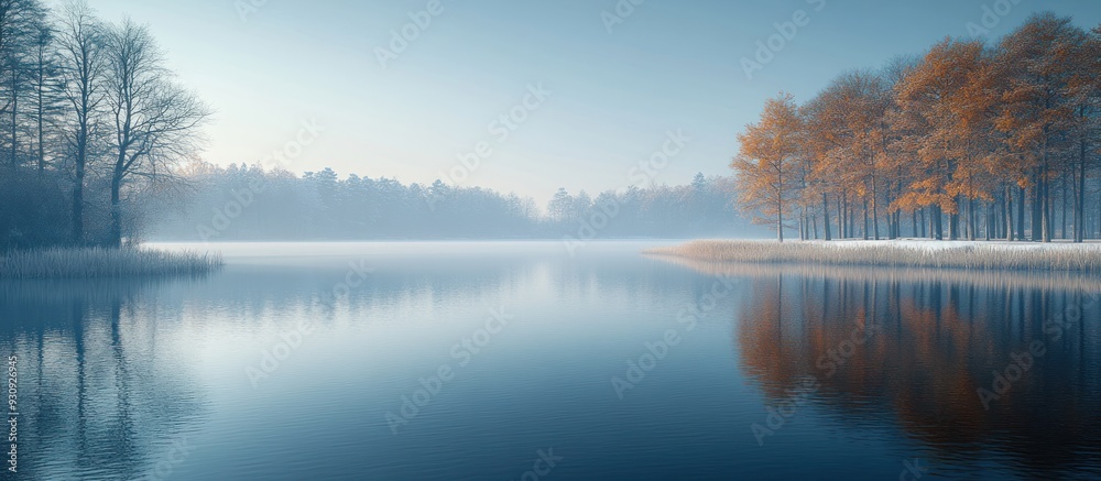 Serene Winter Lake with Misty Reflections Serene Winter Lake with Misty Reflections