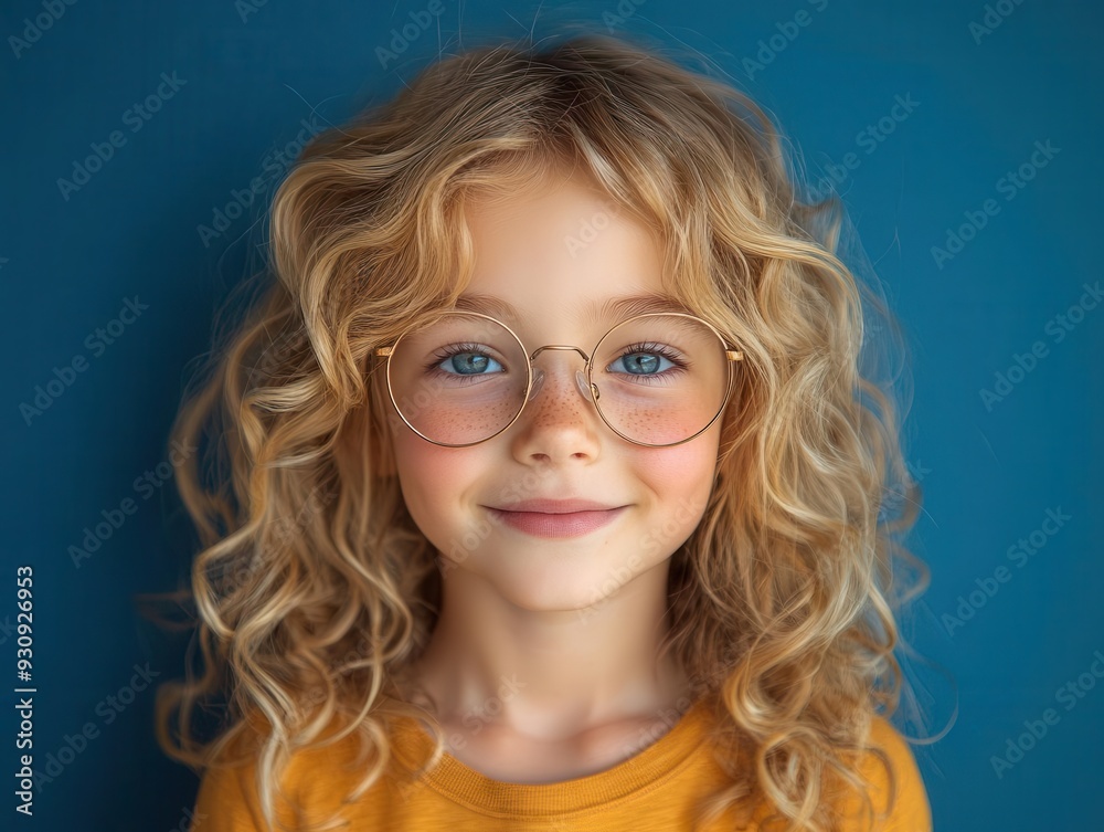 adorable curlyhaired blonde girl with oversized quirky glasses smiling brightly vibrant solid blue background highlights her cheerful expression and playful style adorable curlyhaired blonde girl with oversized quirky glasses smiling brightly vibrant solid blue background highlights her cheerful expression and playful style