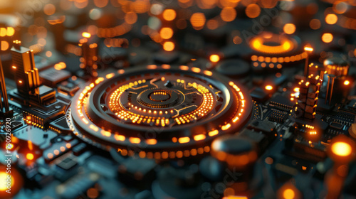 Wallpaper Mural A 3d backdrop presents a circular electronic circuit, complemented by atmospheric urban landscapes, dark gold and azure hues, and advanced devices. Torontodigital.ca