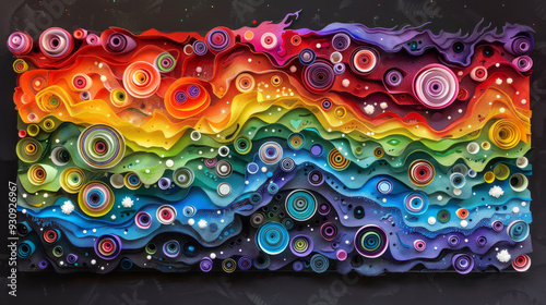 Intricate rainbow paper art on a black background, featuring vibrant fantasy landscapes, color gradients, and paper sculptures. photo