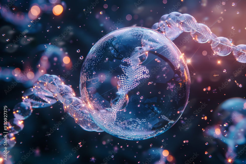 Cosmetic Essence, Liquid bubble, Molecule inside Liquid Bubble on DNA water splash background Cosmetic Essence, Liquid bubble, Molecule inside Liquid Bubble on DNA water splash background
