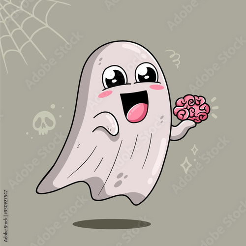 Adorable Ghost Bring Brain Vector Cartoon Illustration 