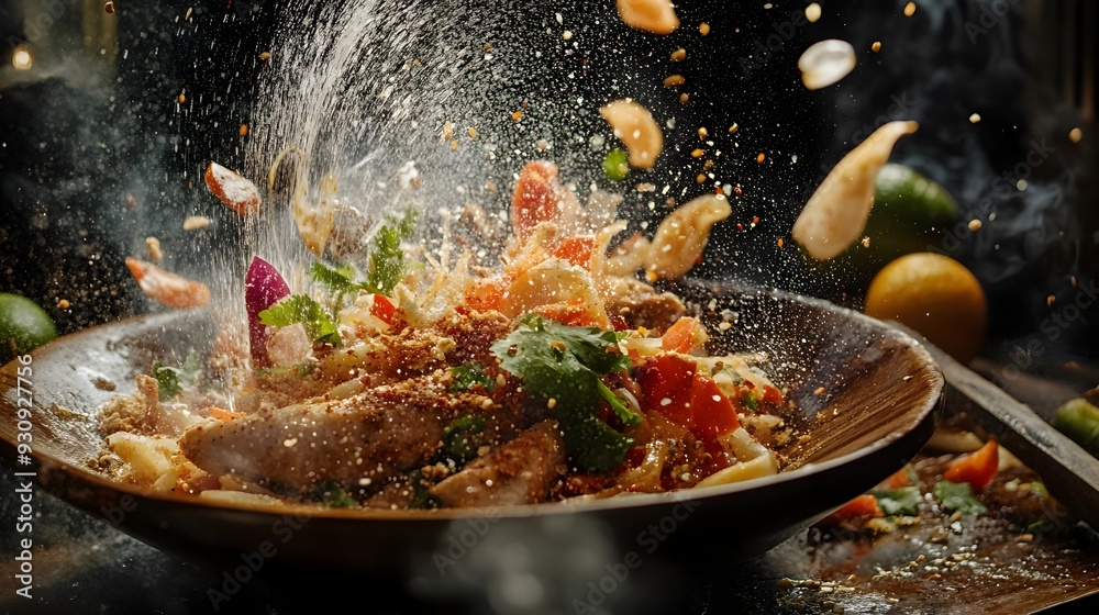 Colliding Thai Som Tam and Grilled Chicken with Scattered Ingredients in Natural Light Colliding Thai Som Tam and Grilled Chicken with Scattered Ingredients in Natural Light