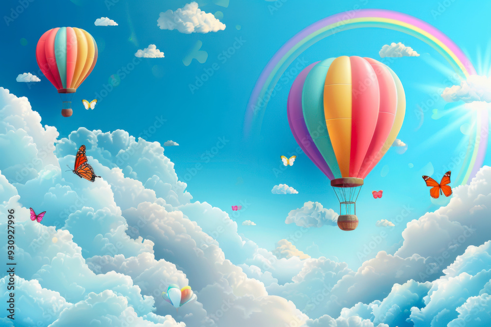 Obraz premium Beautiful fluffy clouds on blue sky background with summer sun