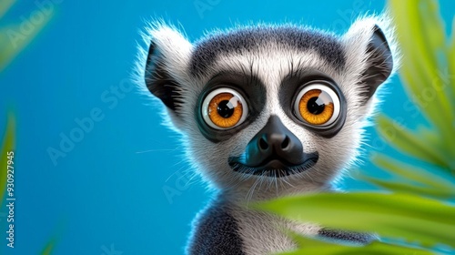 A 3D lemur with big eyes and a soft minimal plant and trees background