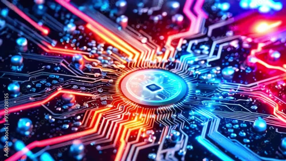 Closeup of a computer circuit board with red and blue glowing lines. Closeup of a computer circuit board with red and blue glowing lines.