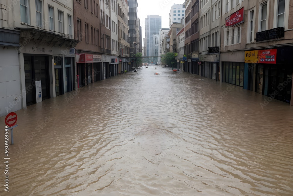 Naklejka premium 大洪水で冠水した都市のイメージ、河川氾濫、台風