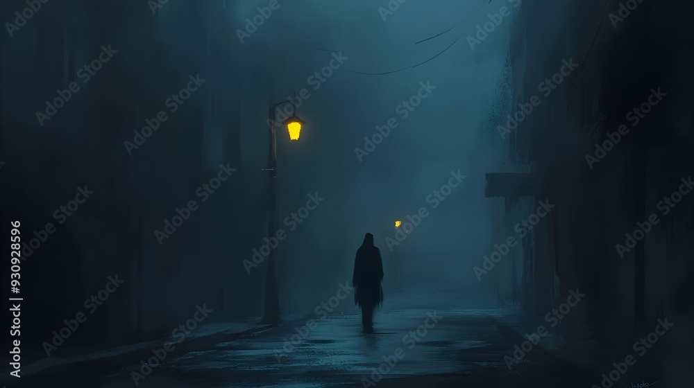 Lone Figure Walks Down Dimly Lit Urban Street at Night Lone Figure Walks Down Dimly Lit Urban Street at Night