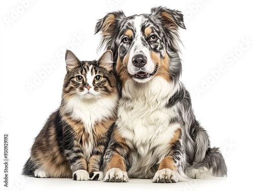 Adorable Australian Shepherd and Cat Duo Pose Together, Playful and Content, Gazing at Camera on a Clean White Background. Companionship and Pet Friendship Concepts.