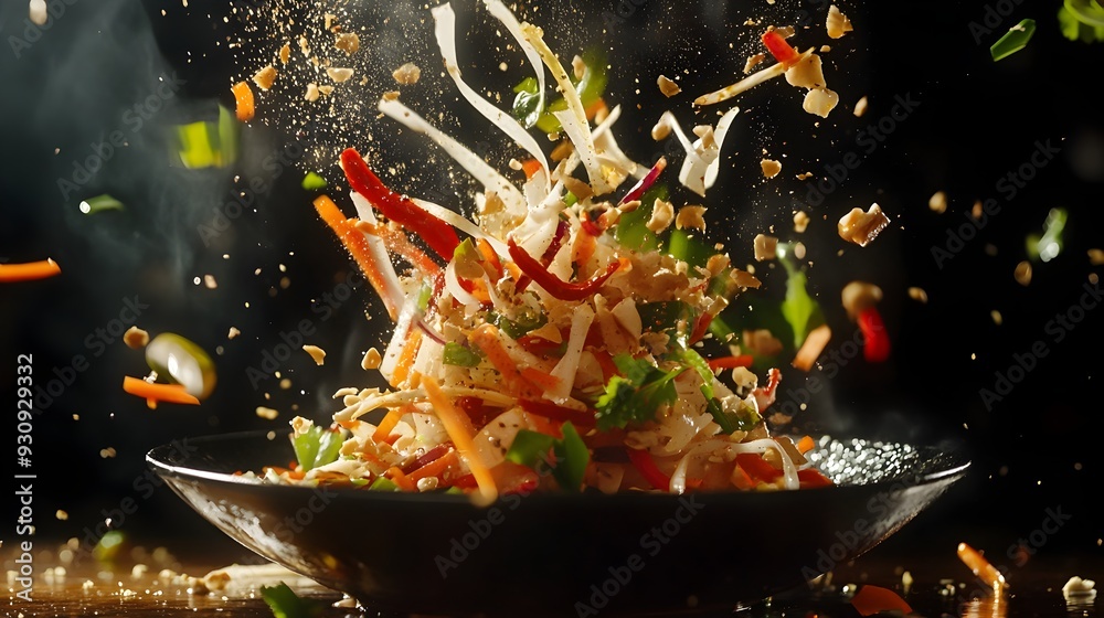 Spicy Thai Papaya Salad Soaring Through the Air with Dramatic Lighting Spicy Thai Papaya Salad Soaring Through the Air with Dramatic Lighting