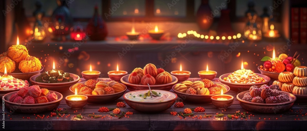 Diwali Greeting Card with Indian Sweets Like Ladoos and Jalebis Arranged Around Glowing Candles on a Rich Background Diwali Greeting Card with Indian Sweets Like Ladoos and Jalebis Arranged Around Glowing Candles on a Rich Background