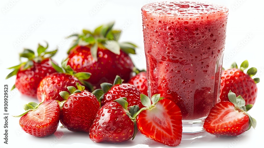 A glass of fresh strawberry smoothie with whole strawberries. A glass of fresh strawberry smoothie with whole strawberries.
