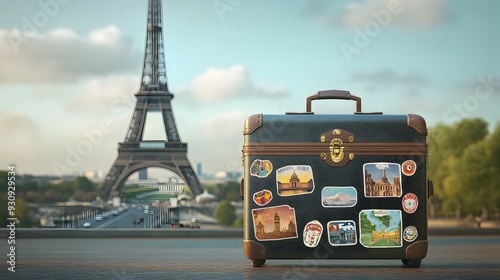 Suitcase with Travel Stickers in Front of Iconic Landmark Representing Global Adventures and photo