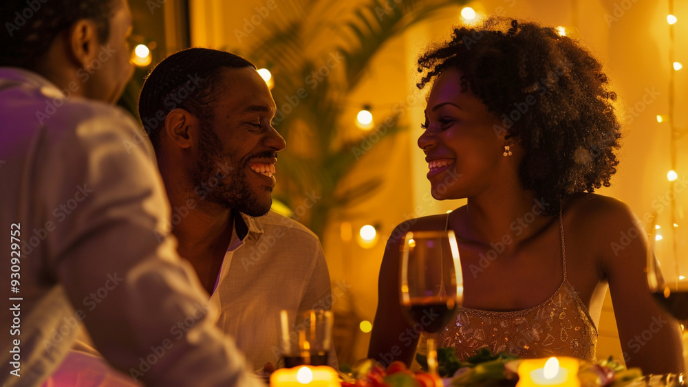 Happy Couple Enjoying Candlelit Dinner with Wine in Warm Setting