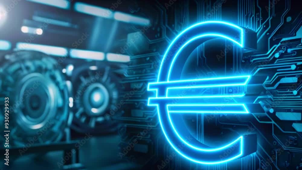 Glowing blue neon euro symbol on a circuit board with blurred tech background.