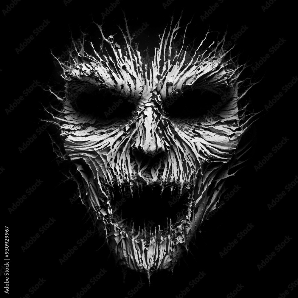 Obraz premium Spooky scary creepy evil Halloween monster face made from white old cracked paper garbage, isolated on black background. Black and white horror grunge design background for t-shirt print or poster