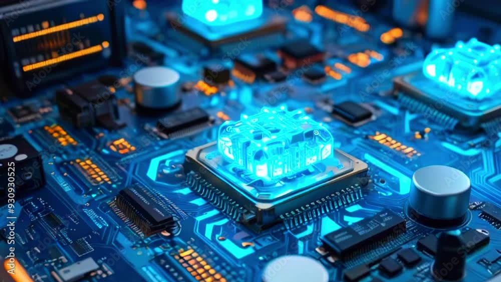 Blue glowing circuit board with chip close up. Blue glowing circuit board with chip close up.