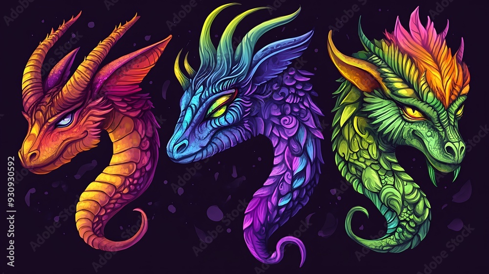 Three Colorful Dragon Heads with Detailed Designs and Fierce Expressions. Three Colorful Dragon Heads with Detailed Designs and Fierce Expressions.