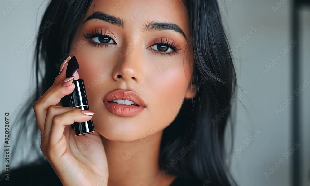 Woman applying nude lipstick in beauty portrait with ai generated.
Woman applying nude lipstick in beauty portrait with ai generated.
