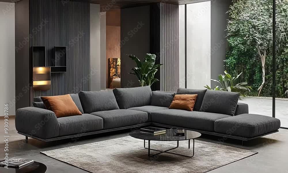 Modern Living Room with Gray Sofa and Garden View with ai generated.
Modern Living Room with Gray Sofa and Garden View with ai generated.