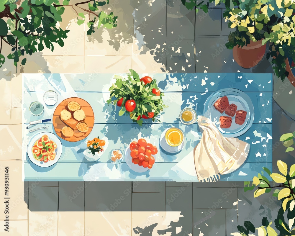 Obraz premium A vibrant outdoor dining scene featuring fresh fruits, snacks, and drinks arranged beautifully on a sunny table.