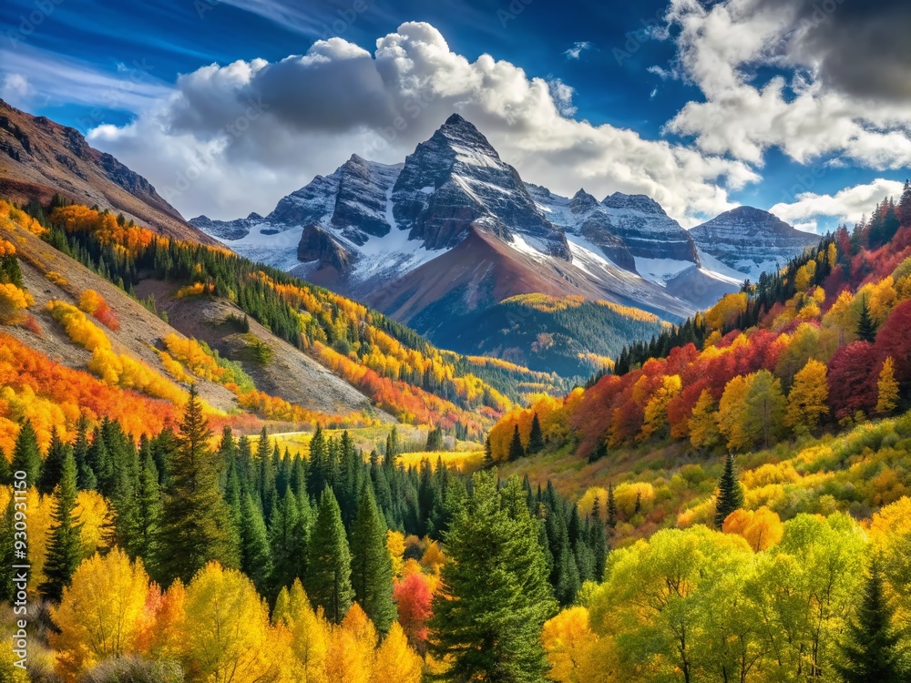 Obraz premium Vibrant autumn foliage blankets a serene mountain valley, with a rugged peak rising in the distance, its slopes dotted with snow-kissed evergreens and ski trails.