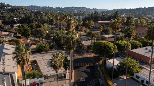 Los Angeles, California, USA - August 18, 2024: Late afternoon sunlight shines on a palm framed historic neighborhood in downtown Eagle Rock. photo