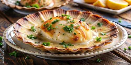 Close-up of a delicious coquille saint jacques dish , French cuisine, gourmet, seafood, scallop, butter
