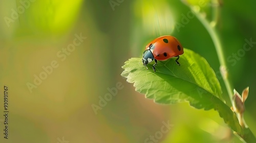 A ladybug on a lush green leaf, highlighting its striking red and black patterns against the fresh, verdant background of the leaf.